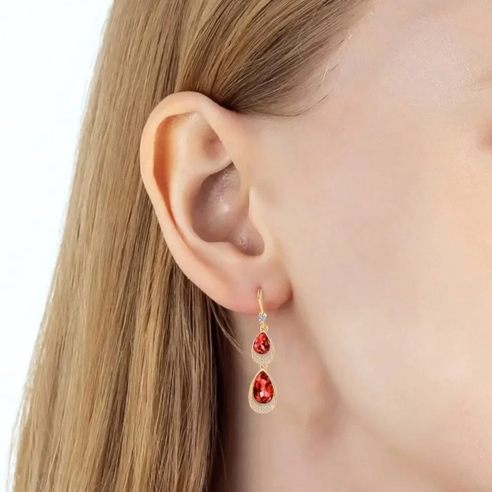 14K Yellow Gold with Ruby Red Austrian Crystal Double Teardrop Hook Earrings